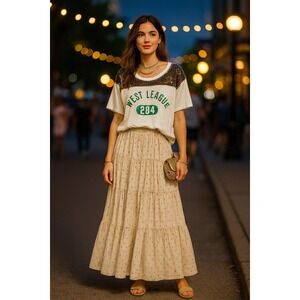 Free People 00s Sequin Glam Sparkle "West League 284" Tee -Size M-Vintage Boho